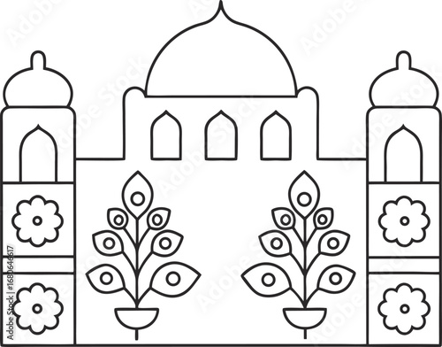 Taj mahal coloring page famous indian landmark with floral decorations traditional design for creative activities