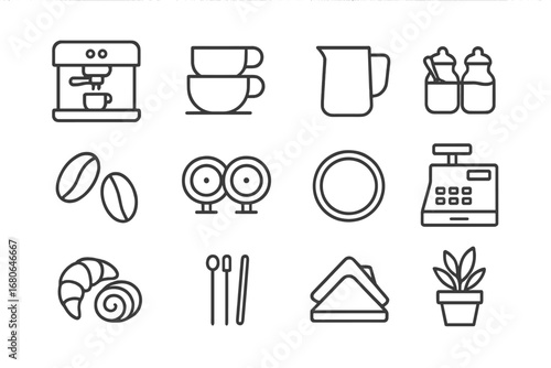Coffee Cart Essentials. Outline icon set of coffee trolley tools: espresso machine, coffee cups, milk jug,