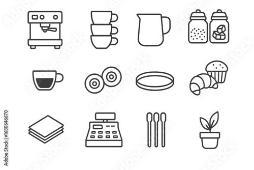 Coffee Bar Essentials Icons. Outline icon set of mobile coffee bar essentials: coffee machine, cups, milk jug,