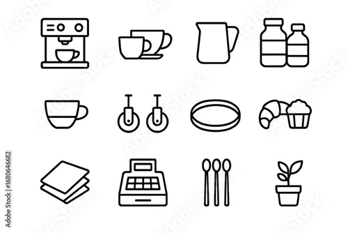 Coffee Bar Essentials Icons. Outline icon set of mobile coffee bar essentials: coffee machine, cups, milk jug,