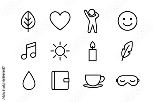 Stress Relief Icons. Outline icon set of stress relief: leaf, heart, stretching figure, smile face, music note
