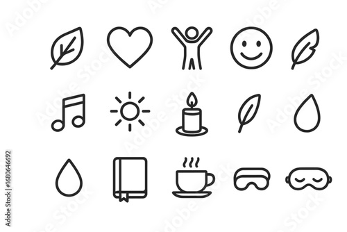 Stress Relief Icons. Outline icon set of stress relief: leaf, heart, stretching figure, smile face, music note