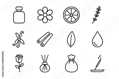 Natural Perfume Icons. Outline icon set of natural perfumes: glass bottle, flower, citrus slice, lavender