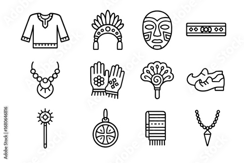 Festival Attire Icons. Outline icon set of cultural festival attire and ritual uniforms: ceremonial tunics,
