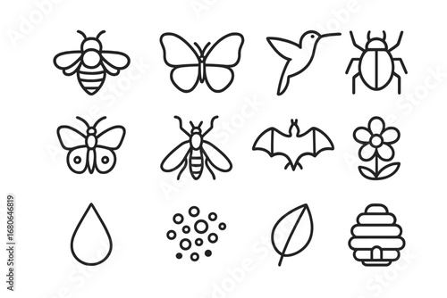 Pollinator Icons Grid. Outline icon set of pollinator diversity: bee, butterfly, hummingbird, beetle, moth,