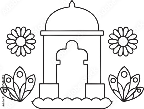 A line art illustration of a traditional indian pavilion with flowers and peacock feathers, for coloring book