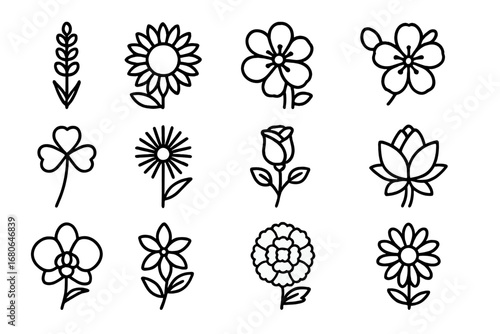 Pollinator Flower Icons. Outline icon set of flowers for pollinators: lavender, sunflower, apple blossom,