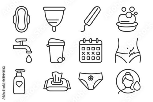 Menstrual Hygiene Icons. Outline icon set of menstrual hygiene routine: sanitary pad, menstrual cup, tampon,