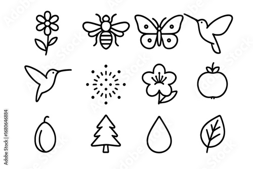 Forest Pollination Icons. Outline icon set of pollination in forests: wildflower, bee, butterfly, moth,