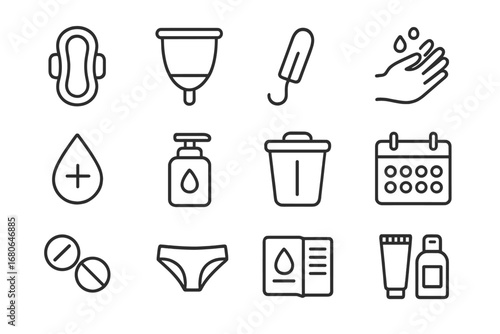 Menstrual Hygiene Icon Set. Outline icon set of menstrual hygiene practices: sanitary pad, menstrual cup,