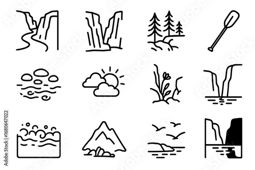 Canyon River Icon Set. Outline icon set of deep river canyon scenes: winding river, steep rocky walls, pine
