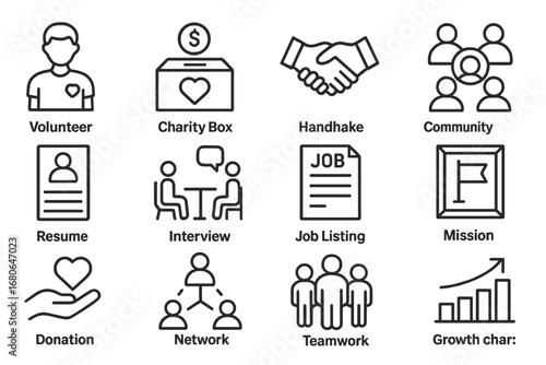 Non-Profit Icon Set. Outline icon set of exploring job opportunities in the non-profit sector: volunteer,