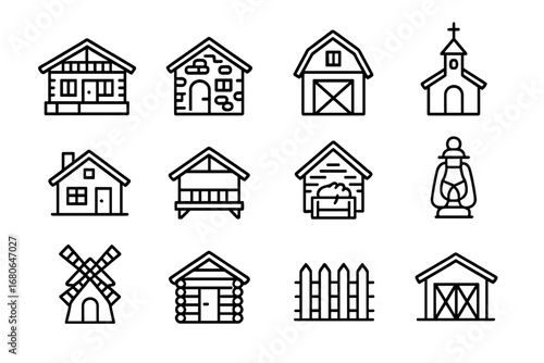 Rustic Village Icons. Outline icon set of rustic village houses: wooden chalet, stone hut, barn, chapel,