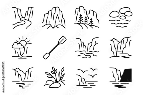 Canyon River Icon Set. Outline icon set of deep river canyon scenes: winding river, steep rocky walls, pine