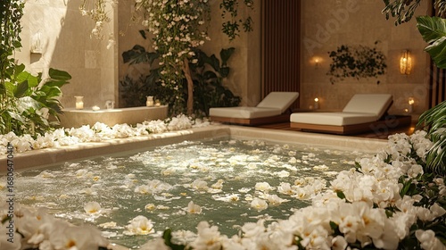 Spa featuring fresh spring flowers and light pastel colors, creating a peaceful and rejuvenating atmosphere.