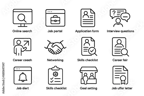 Social Sector Job Icons. Outline icon set of job hunting in social sector: online search, job portal,