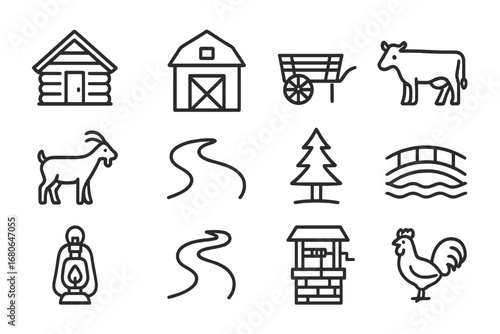 Village Life Icons. Outline icon set of remote village life: cabin, barn, cart, cow, goat, river, pine tree,