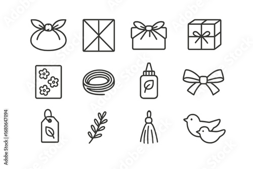 Eco-Friendly Wrapping Icons. Outline icon set of DIY sustainable wrapping techniques: furoshiki wraps, paper