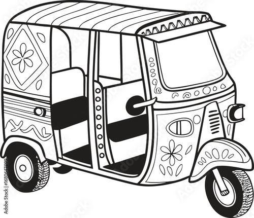 Vibrant colorful tuk tuk auto rickshaw design with a clean white background for transportation themes