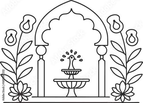 Charming line art illustration showcasing a mughal arch, peacock fountain, and lotus flowers, radiating a sense of tranquility and grace