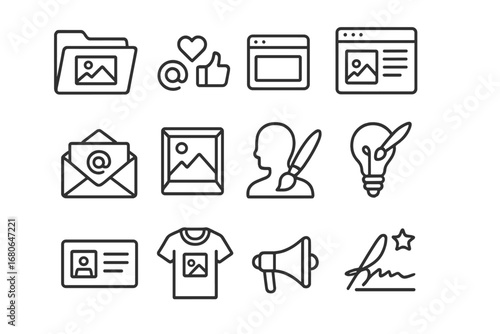 Digital Art Icons Grid. Outline icon set of digital art marketing: portfolio, social media icons, website,