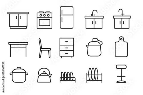 Kitchen Icon Set. Outline icon set of kitchen design: kitchen island, stove, refrigerator, sink, dining table,