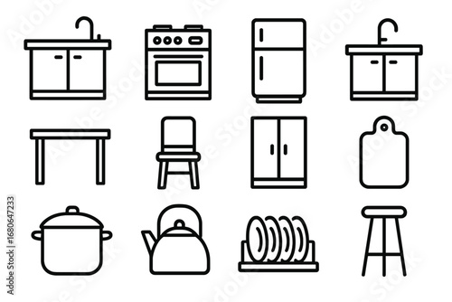 Kitchen Icon Set. Outline icon set of kitchen design: kitchen island, stove, refrigerator, sink, dining table,