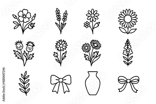 Wildflower Icon Bouquet. Outline icon set of wildflower bouquet: wild rose, lavender, chamomile, sunflowers,
