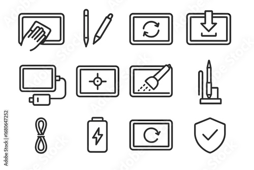 Digital Art Hardware Icons. Outline icon set of digital art hardware maintenance: screen cleaning, stylus