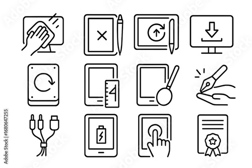 Digital Art Hardware Icons. Outline icon set of digital art hardware maintenance: screen cleaning, stylus