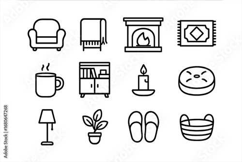 Cozy Home Icons. Outline icon set of cozy home style: armchair, throw blanket, fireplace, rug, coffee mug,