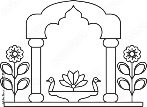 Delicate line art illustration depicting a mughal arch, swan boat, and daisy flowers, conveying a sense of harmony and refinement