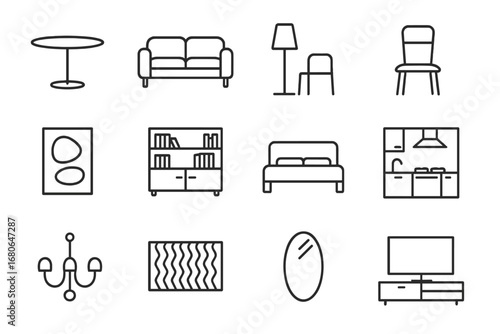 Modern Interior Icons. Outline icon set of modern interior: glass table, leather sofa, floor lamp, metal chair