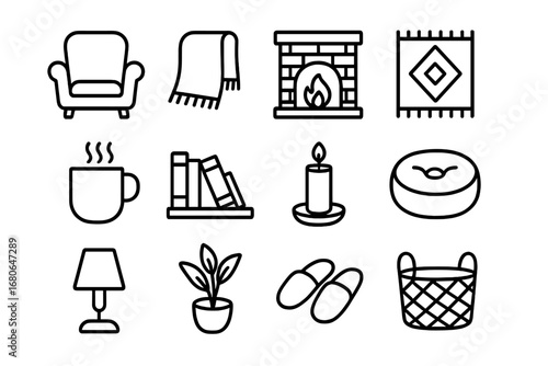 Cozy Home Icons. Outline icon set of cozy home style: armchair, throw blanket, fireplace, rug, coffee mug,