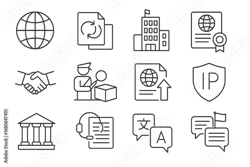 International IP Icons. Outline icon set of international IP disputes: globe, international treaties, WIPO