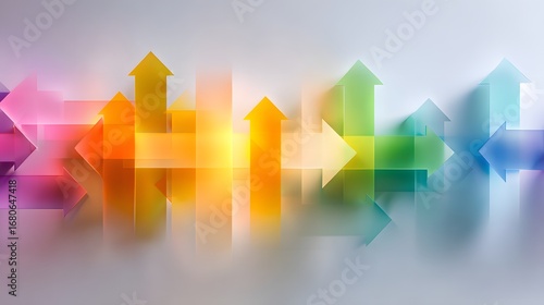 A dynamic graphic design featuring many translucent arrows of various colors, creating a sense of movement and growth, set against a neutral backdrop.