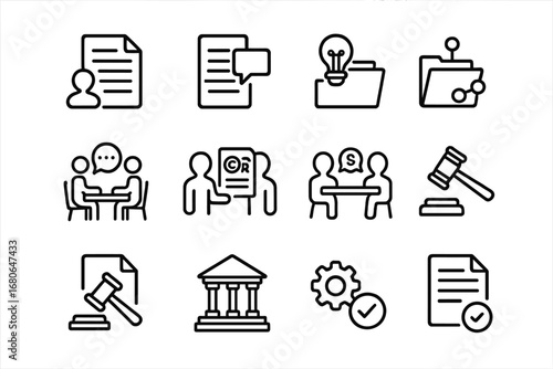 IP Dispute Icon Set. Outline icon set of IP dispute resolution steps: complaint filing, answer submission,
