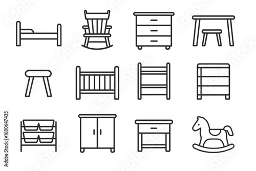 Children's Furniture Icons. Outline icon set of children’s furniture: toddler bed, rocking chair, dresser,