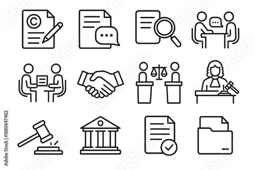 IP Dispute Icon Set. Outline icon set of IP dispute resolution steps: complaint filing, answer submission,