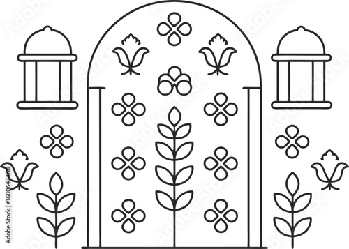 Line art illustration of a mughalinspired archway with floral and geometric patterns, for coloring books or design projects