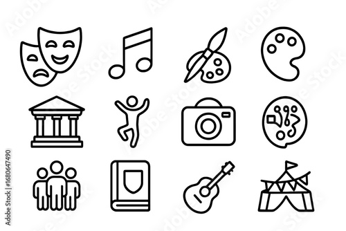 Cultural Recovery Icons. Outline icon set of cultural recovery: theater mask, music note, paintbrush, palette,