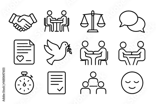 Workplace Conflict Icons. Outline icon set of workplace conflict resolution: handshake, mediation table,