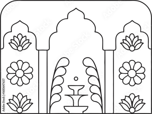 Line art illustration of a mughalinspired archway with floral accents and a fountain, for coloring books or design projects