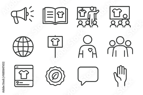 Fashion Advocacy Icons. Outline icon set of fashion advocacy and education: megaphone, book, workshop,