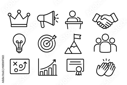 Leadership and Influence Icons. Outline icon set of leadership and influence: crown, megaphone, podium,