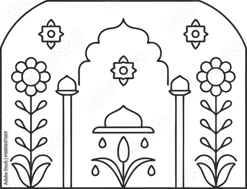 Illustration of a decorative archway with flowers and columns, a simple and elegant design for various creative projects