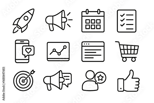 Product Launch Icons. Outline icon set of product launch: rocket, megaphone, calendar, checklist, social media