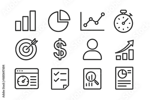 Startup Metrics Icons. Outline icon set of startup metrics and KPIs: bar chart, pie chart, line graph,