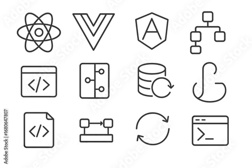 Frontend Frameworks Icons. Outline icon set of front-end frameworks: React logo, Vue logo, Angular logo,