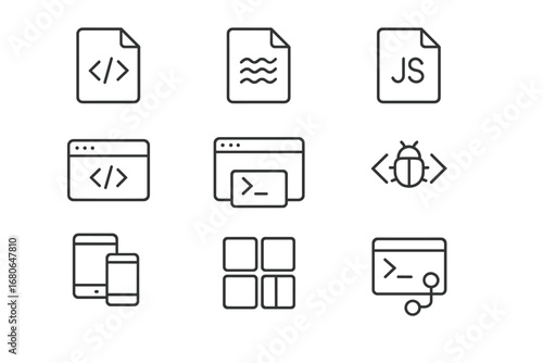 Front-End Icons Grid. Outline icon set of front-end development: HTML file, CSS file, JavaScript file, code